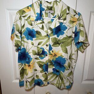 Caribbean Joe Womens Petite Large Hawaiian Floral Shirt Linen Aloha‎ Top